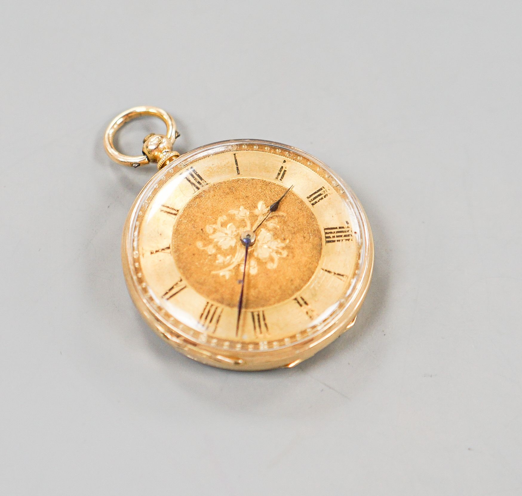 A continental yellow metal, enamel and diamond chip set open face fob watch, decorated en verso with the bust of a lady